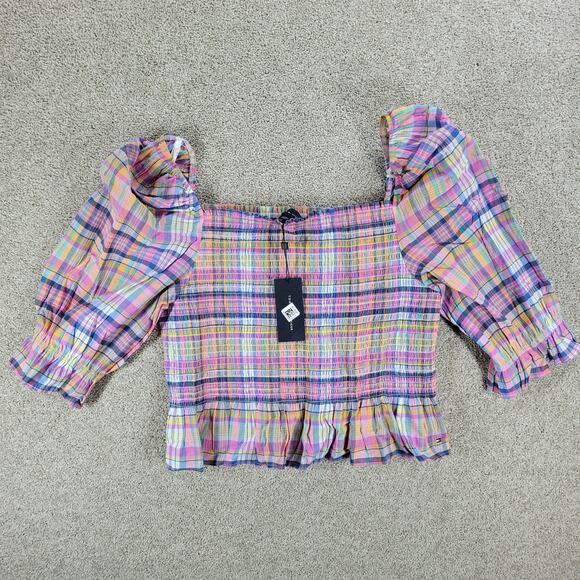Tommy Hilfiger Smocked Plaid Top Womens XL Pink Puff Sleeve Cropped Peplum New - Picture 3 of 13